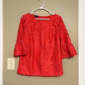 Talbots Womens 3/4 Flounce Bell Sleeve Crochet Leaf Lace Coral Small